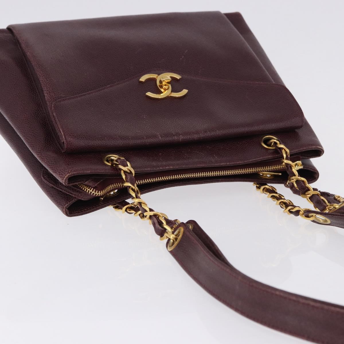 CHANEL Chain Tote Bag Caviar Skin Bordeaux Gold CC Auth 193083A