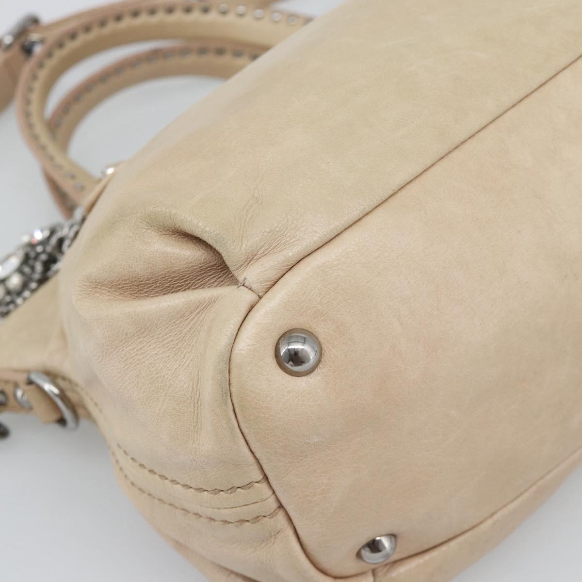 Miu Miu Hand Bag Leather 2way Beige Silver Auth 193084A