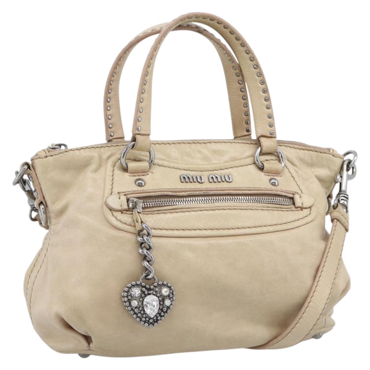 Miu Miu Hand Bag Leather 2way Beige Silver Auth 193084A