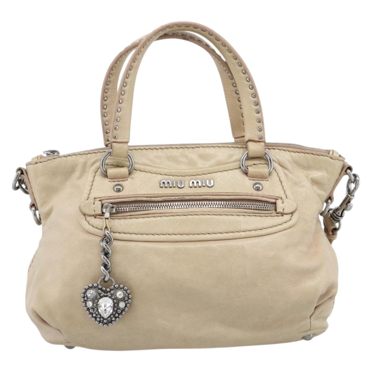 Miu Miu Hand Bag Leather 2way Beige Silver Auth 193084A