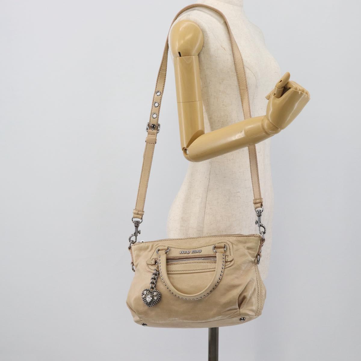 Miu Miu Hand Bag Leather 2way Beige Silver Auth 193084A