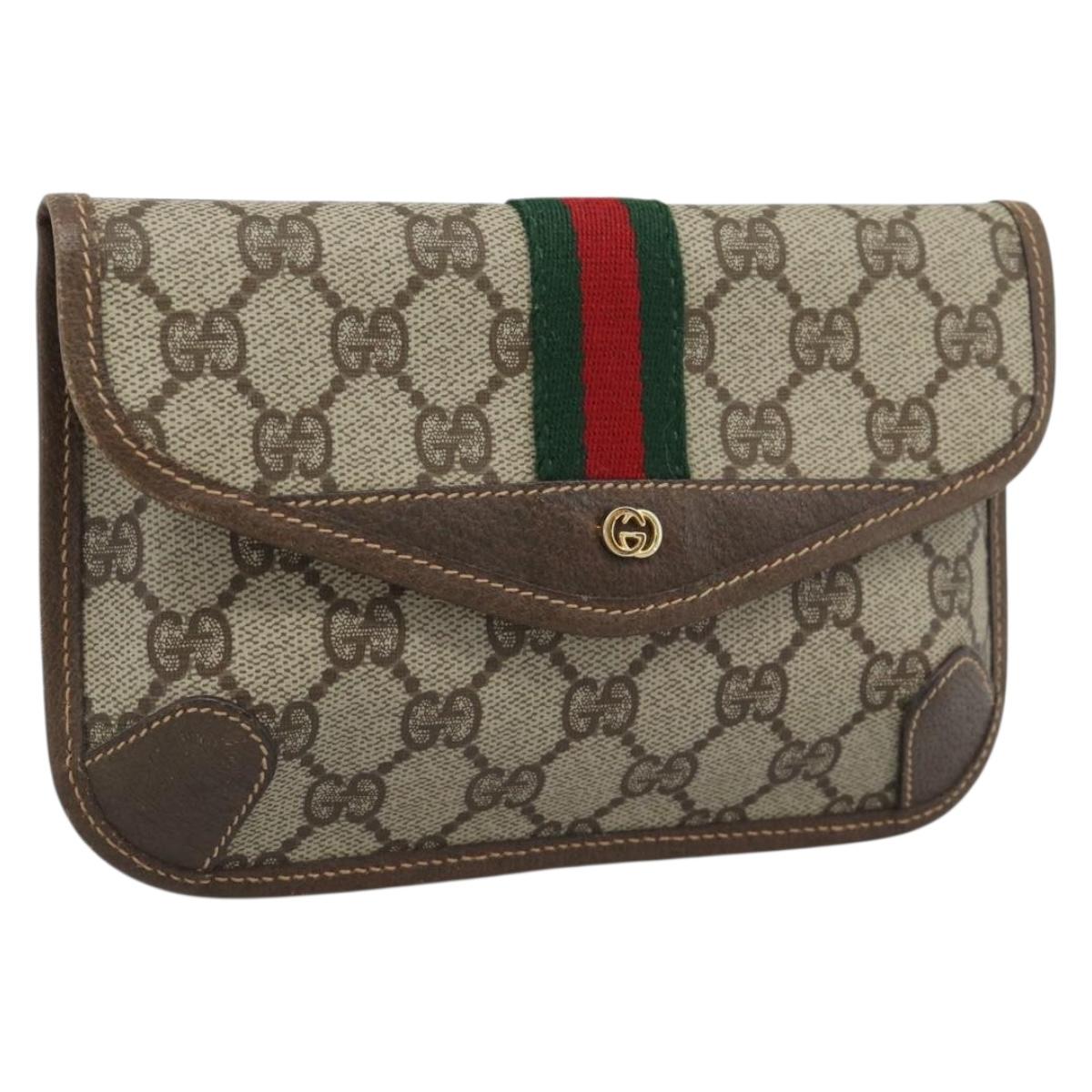 GUCCI GG Supreme Web Sherry Line Pouch PVC Beige Gold 014 14 5205 Auth 193085A