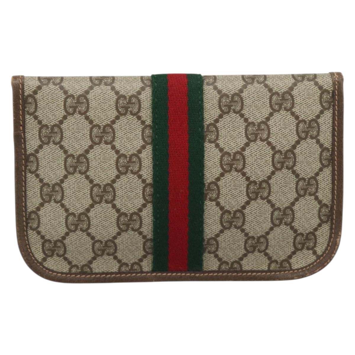 GUCCI GG Supreme Web Sherry Line Pouch PVC Beige Gold 014 14 5205 Auth 193085A