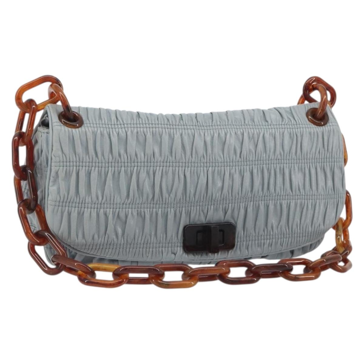 PRADA Gathered Pla Chain Shoulder Bag Leather Light Blue Auth 193094M