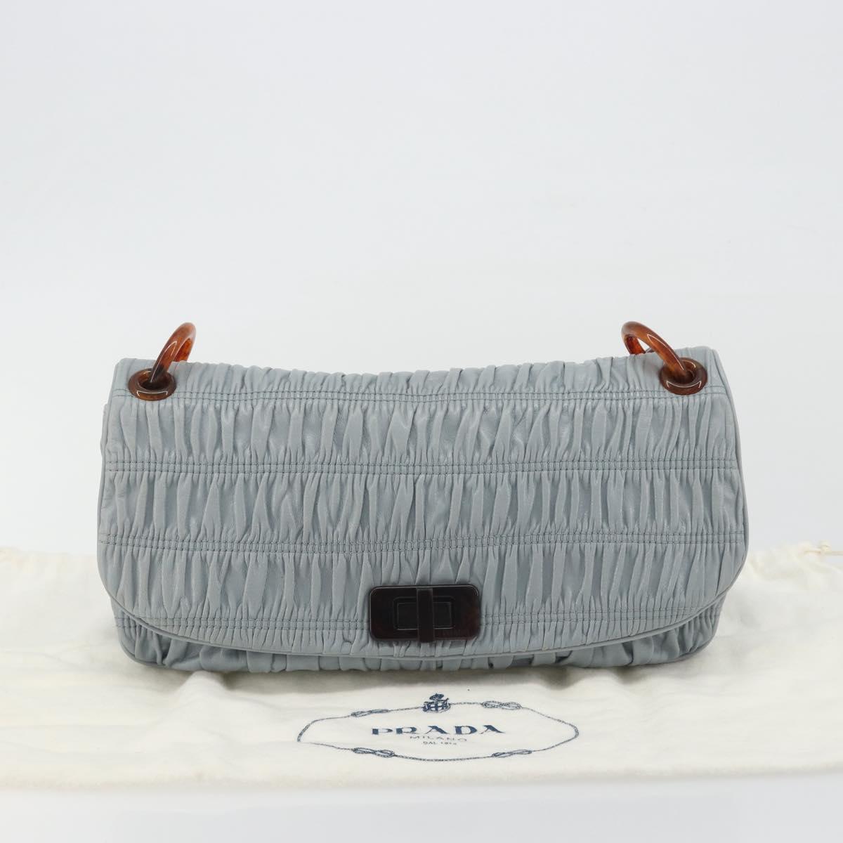 PRADA Gathered Pla Chain Shoulder Bag Leather Light Blue Auth 193094M
