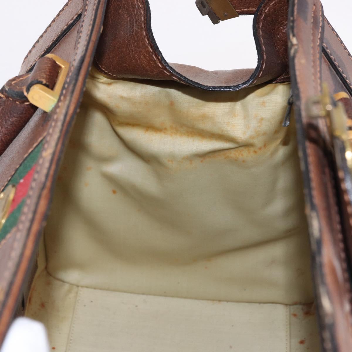 GUCCI Hand Bag Leather Brown Gold Auth 193095