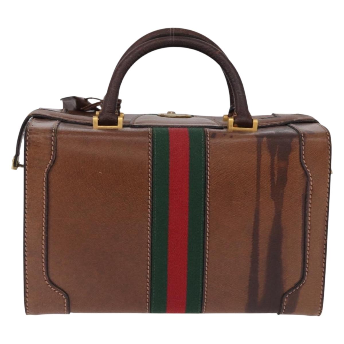 GUCCI Hand Bag Leather Brown Gold Auth 193095