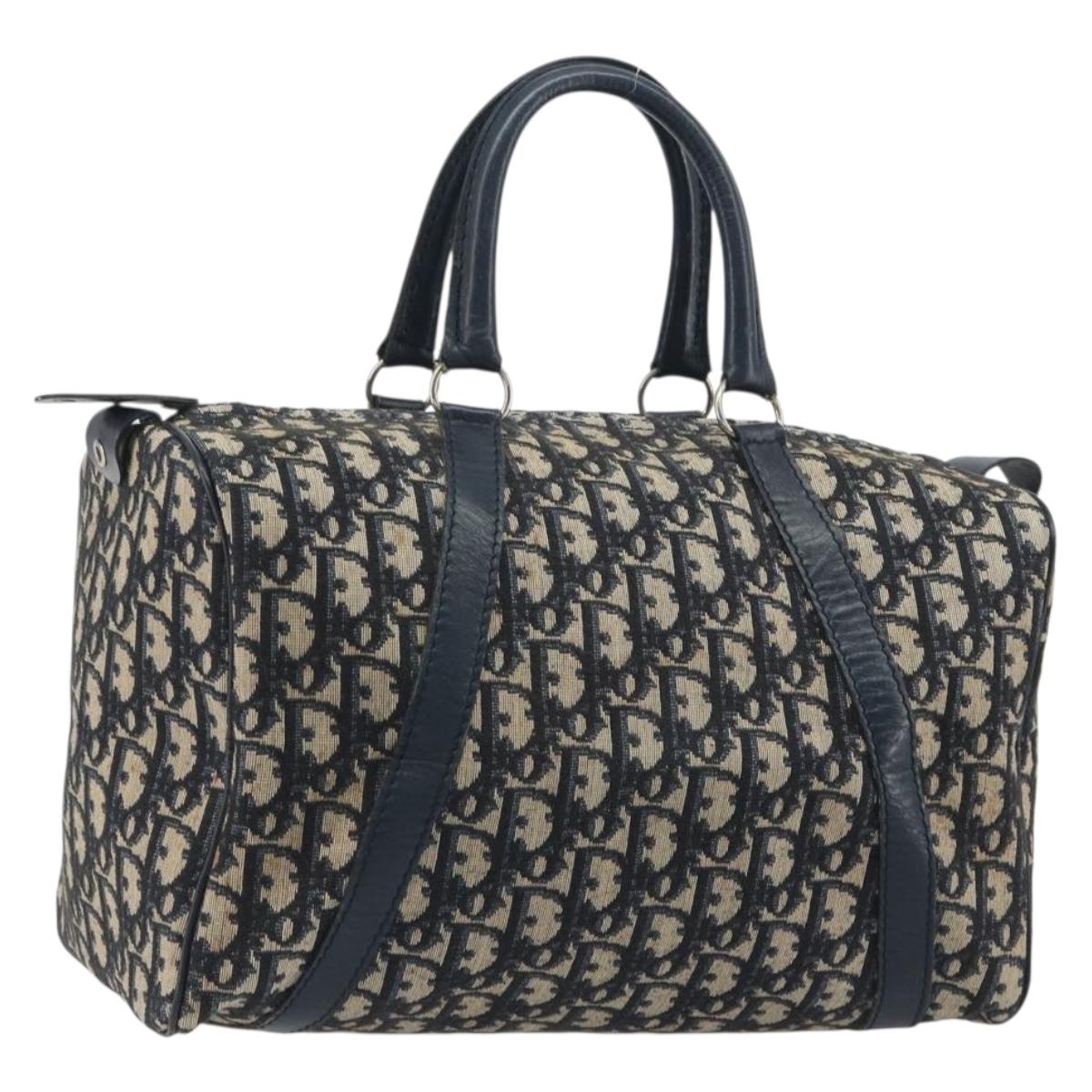 Christian Dior Trotter Canvas Boston Bag Navy Silver Auth 193104