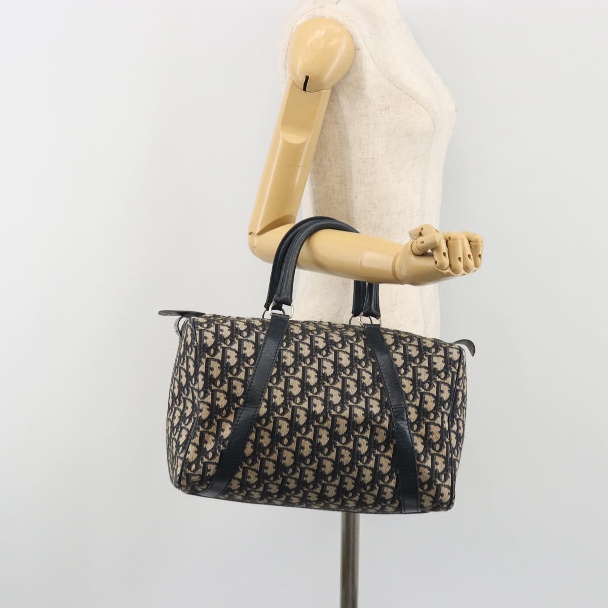 Christian Dior Trotter Canvas Boston Bag Navy Silver Auth 193104