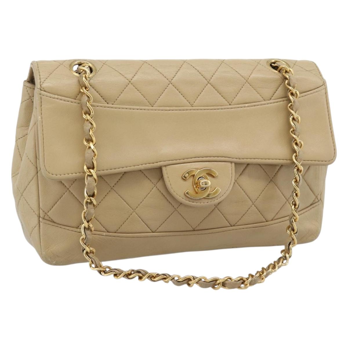 CHANEL Matelasse Chain Shoulder Bag Lamb Skin Beige Gold CC Auth 193105A