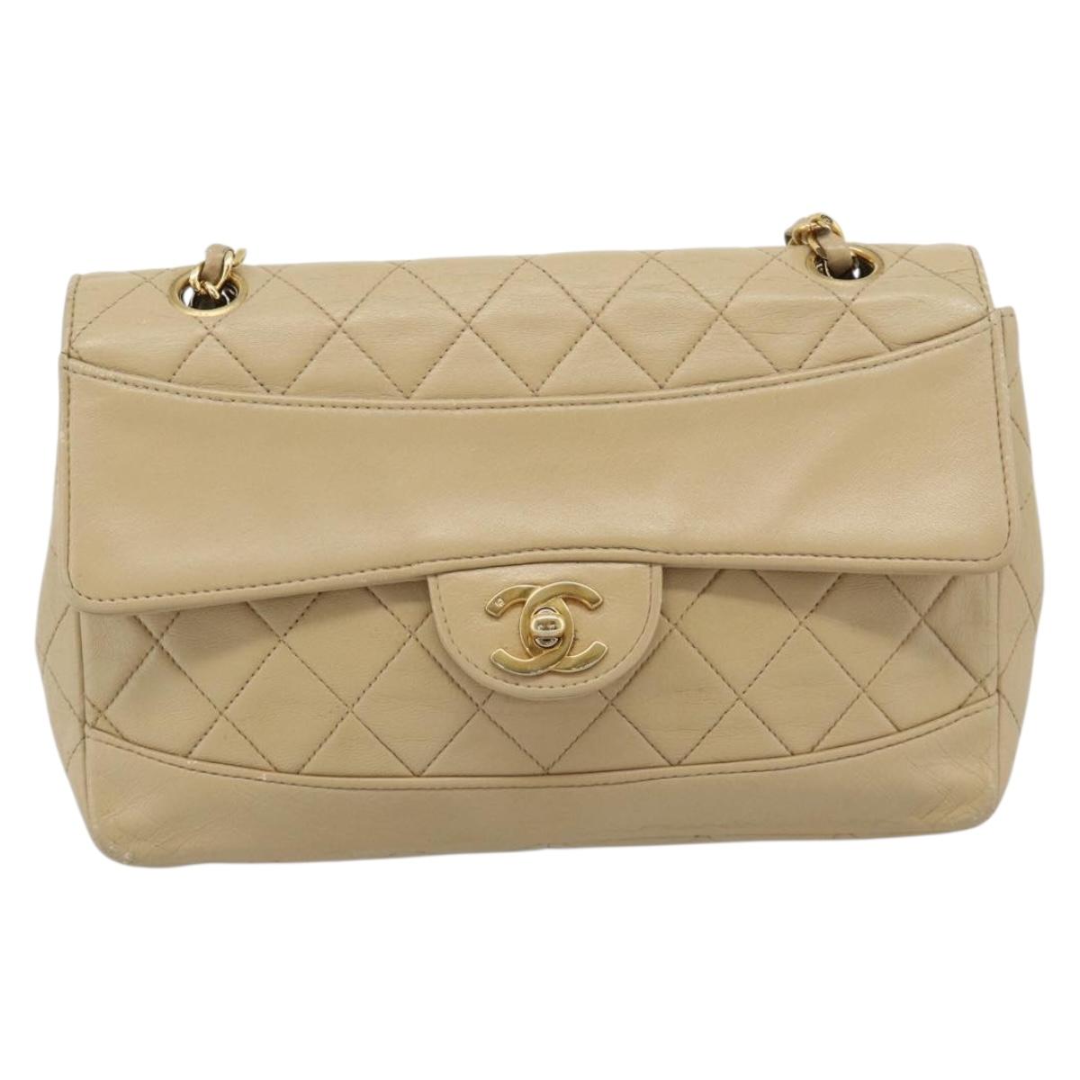 CHANEL Matelasse Chain Shoulder Bag Lamb Skin Beige Gold CC Auth 193105A