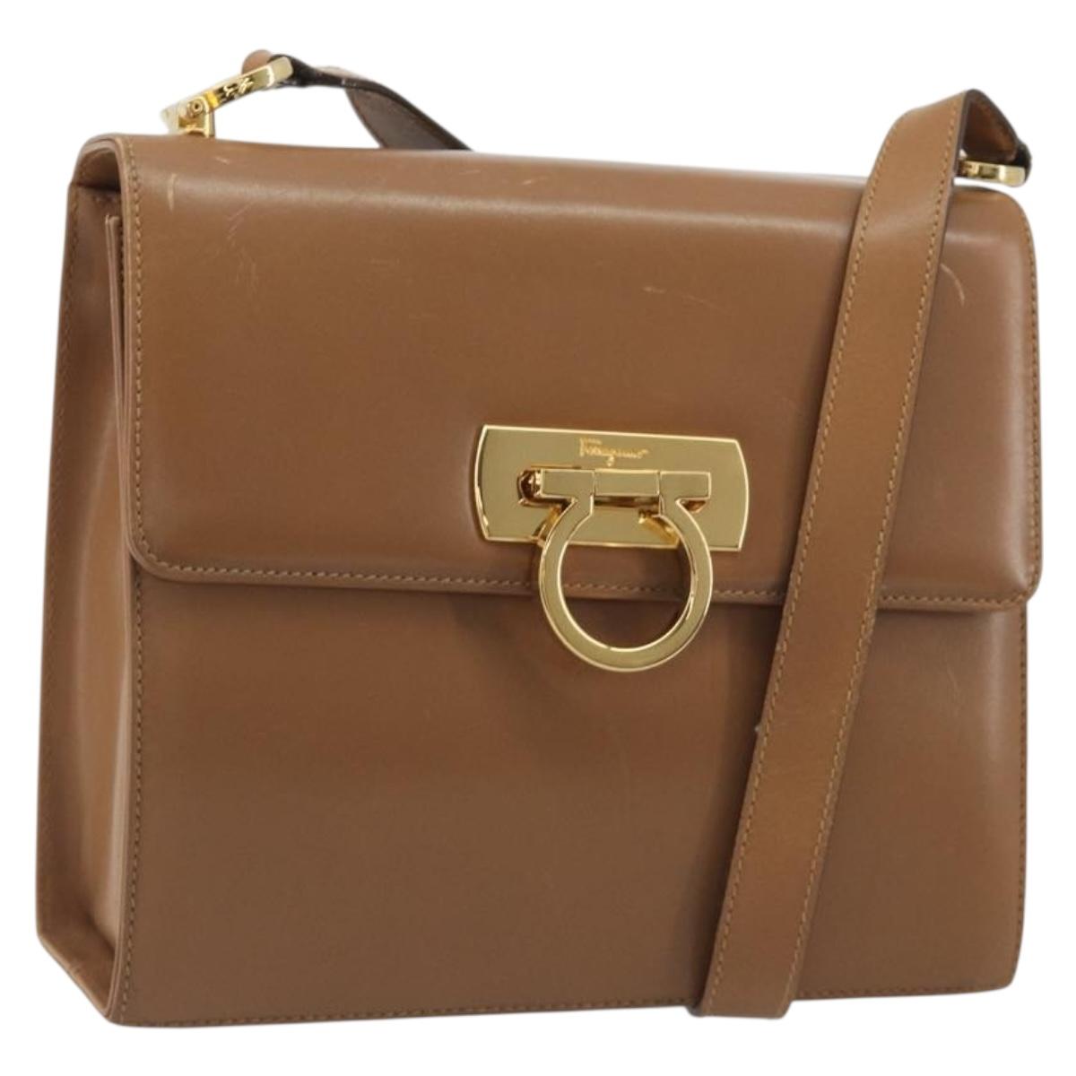 Salvatore Ferragamo Gancini Shoulder Bag Leather Brown Gold Auth 193110