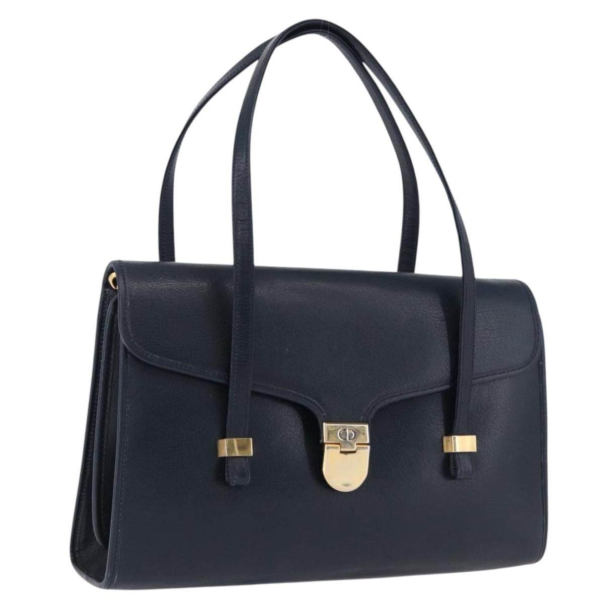 Christian Dior Hand Bag Leather Navy Gold Auth 193114
