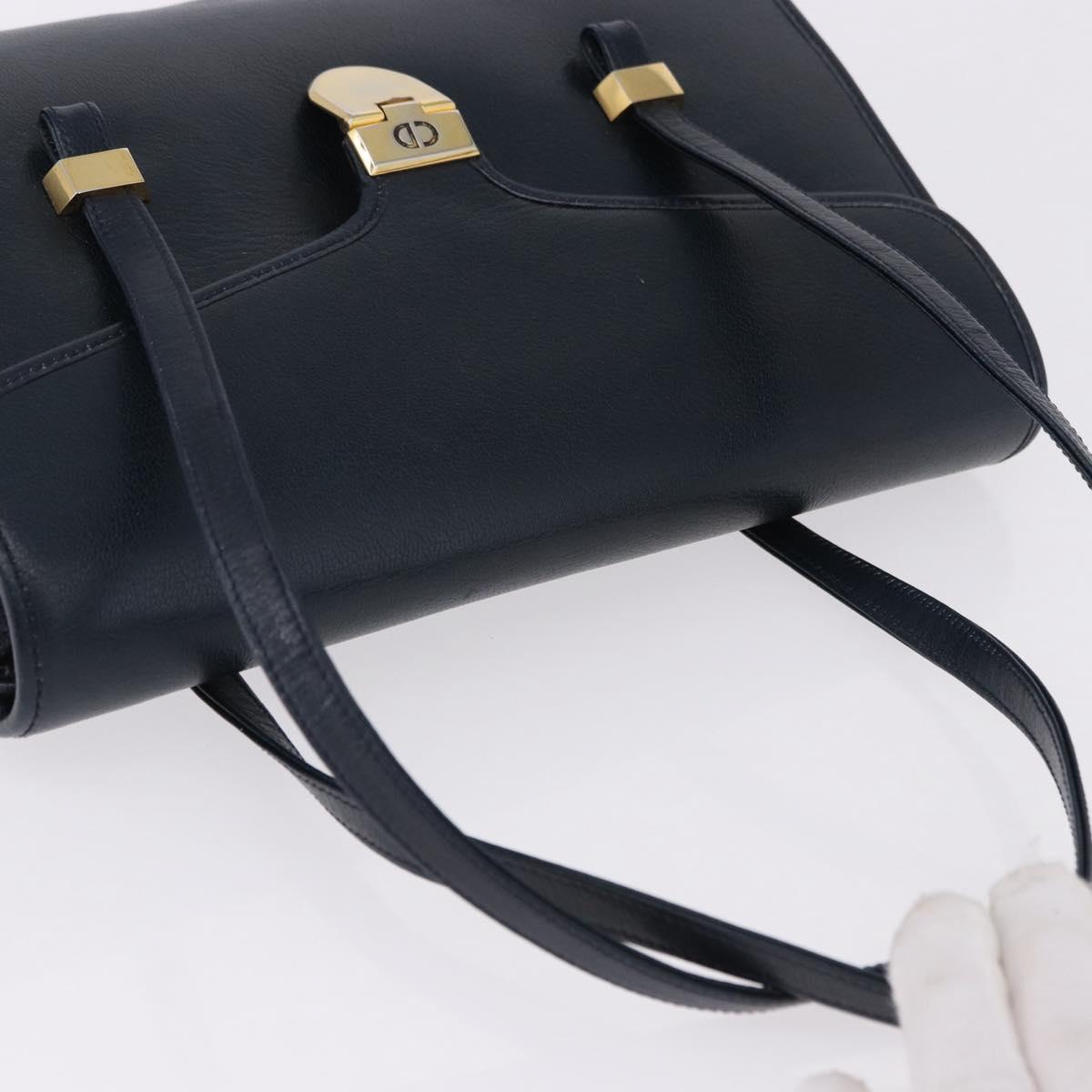 Christian Dior Hand Bag Leather Navy Gold Auth 193114