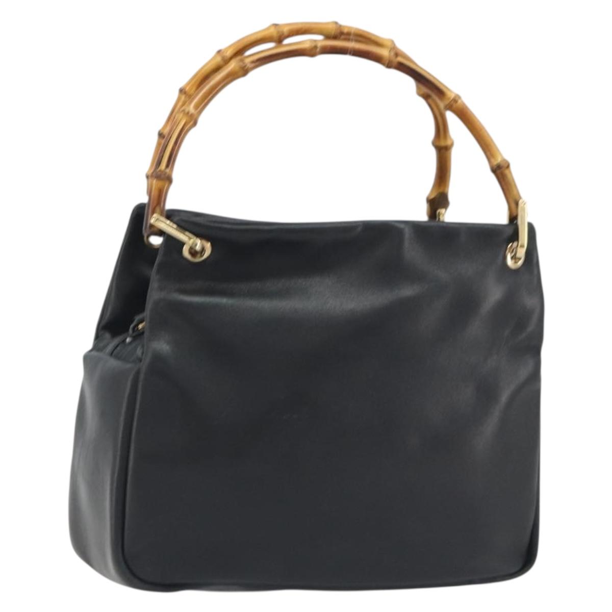 GUCCI Bamboo Hand Bag Leather Black Gold 000 2865 0575 Auth 193128