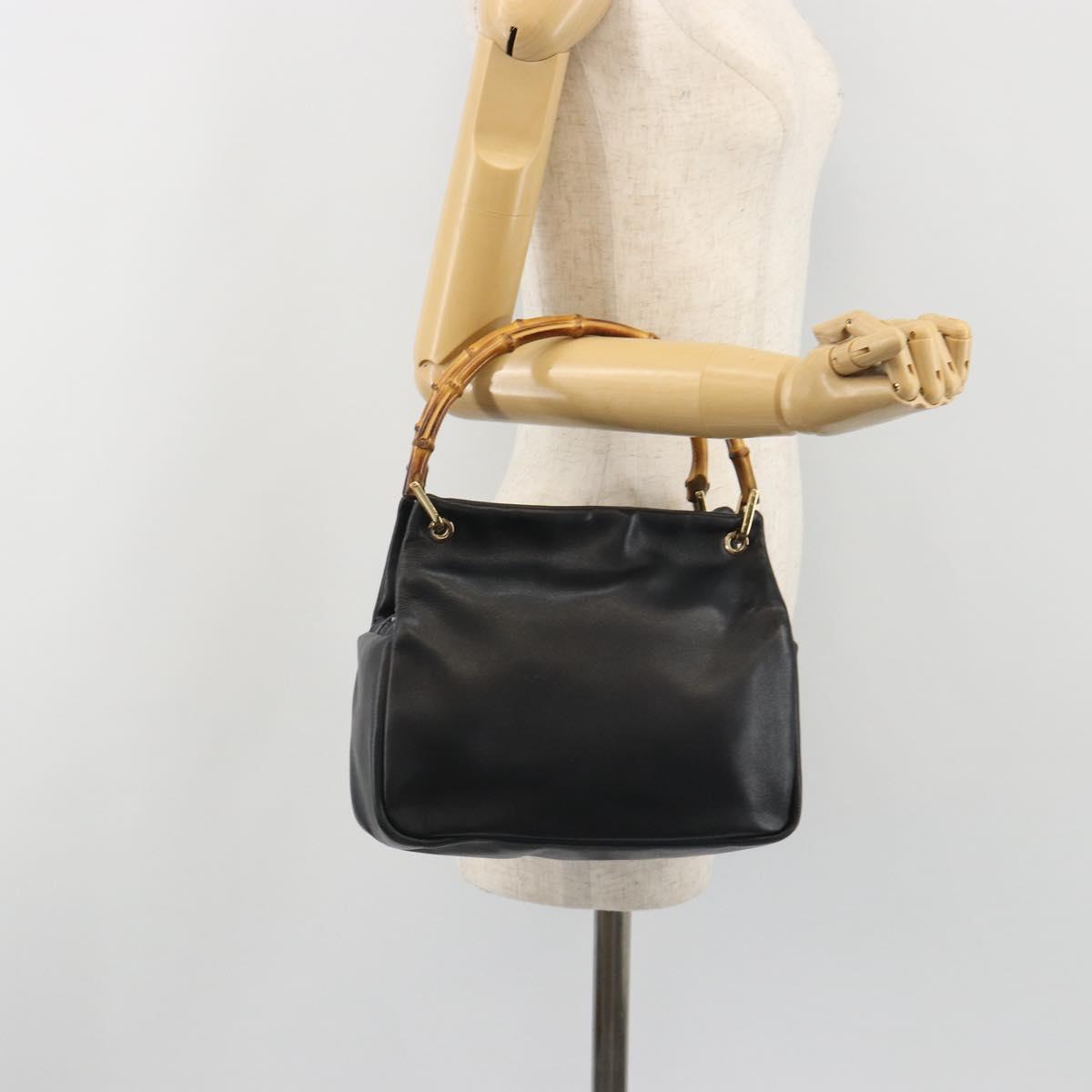 GUCCI Bamboo Hand Bag Leather Black Gold 000 2865 0575 Auth 193128