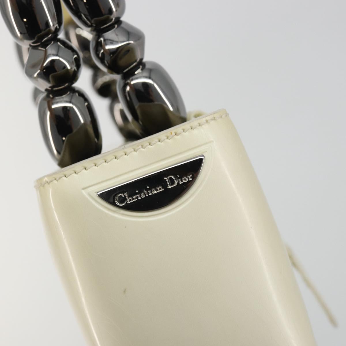 Christian Dior Maris Pearl Hand Bag Patent leather White Silver Auth 193129A