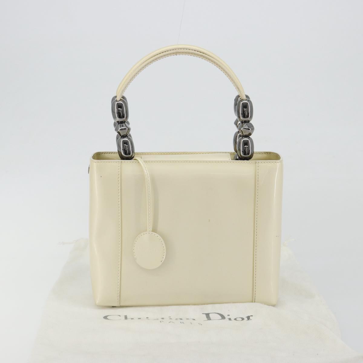 Christian Dior Maris Pearl Hand Bag Patent leather White Silver Auth 193129A