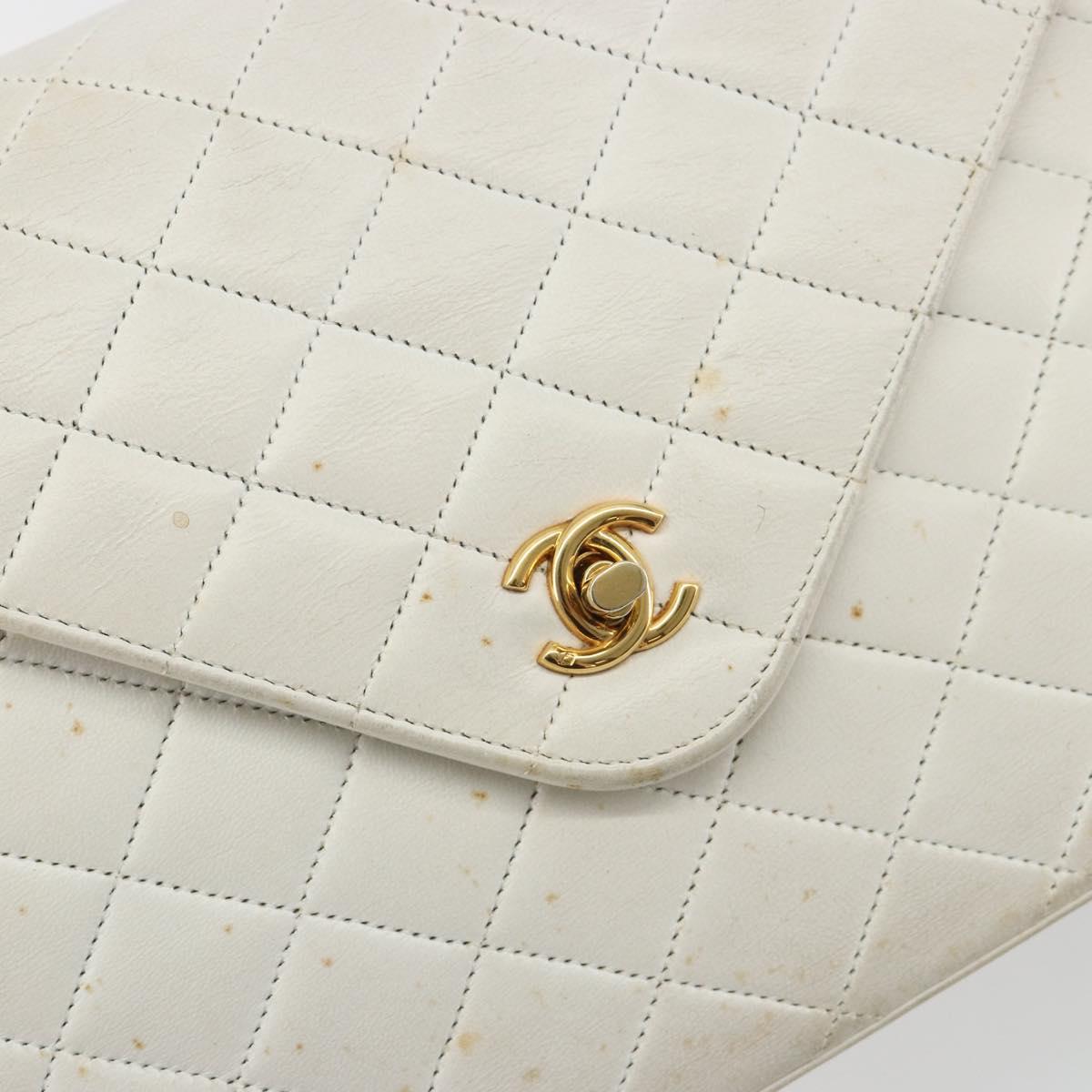 CHANEL Matelasse Chain Shoulder Bag Lamb Skin White Gold CC Auth 193136
