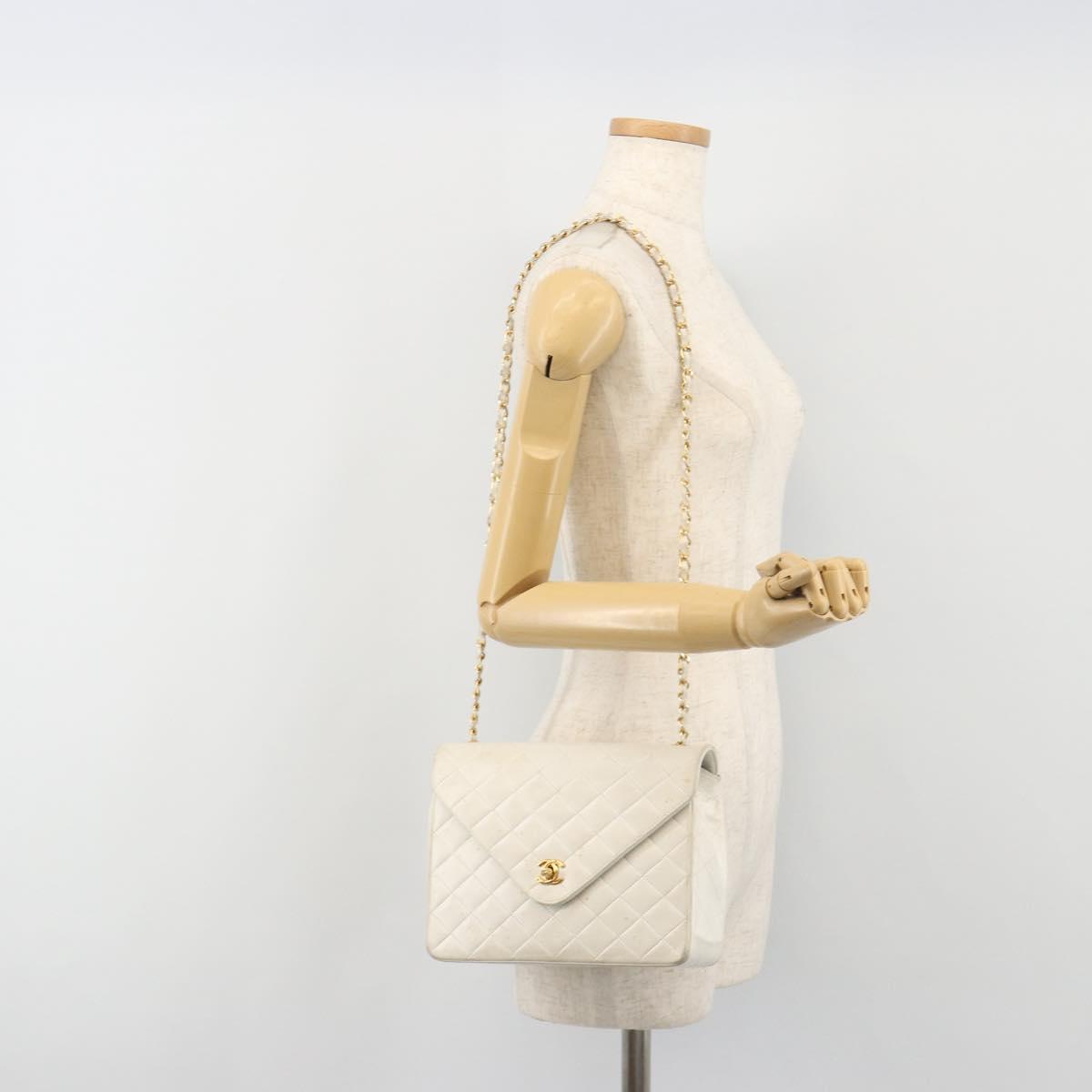 CHANEL Matelasse Chain Shoulder Bag Lamb Skin White Gold CC Auth 193136