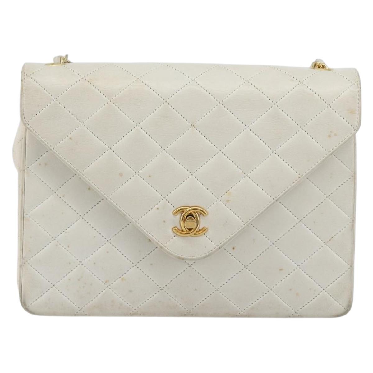 CHANEL Matelasse Chain Shoulder Bag Lamb Skin White Gold CC Auth 193136