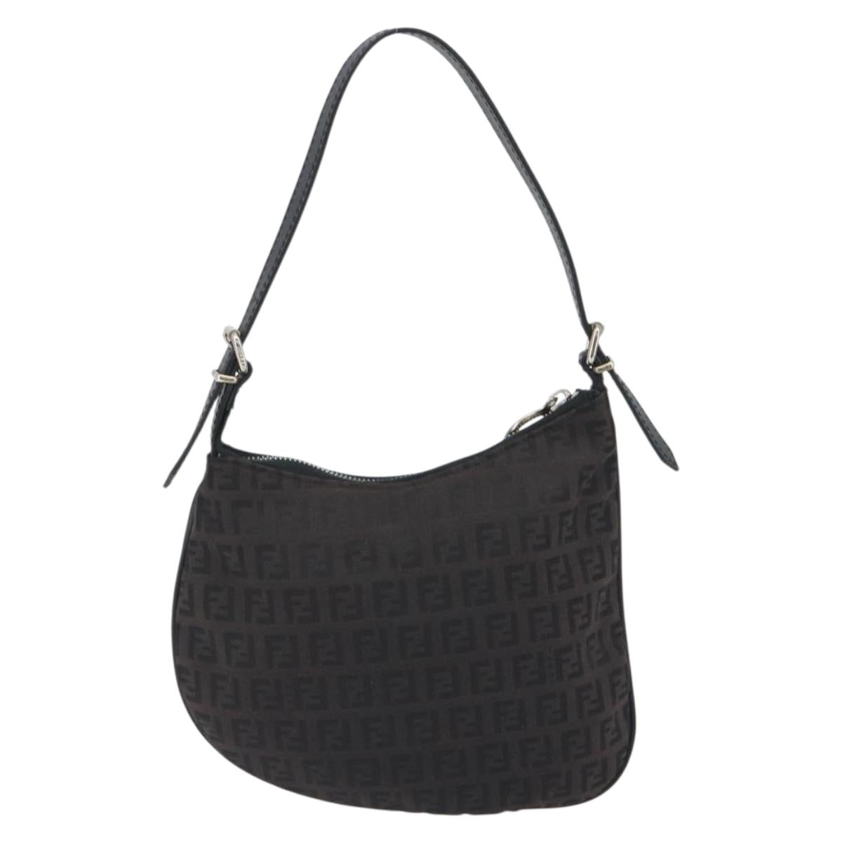 FENDI Zucchino Canvas Shoulder Bag Dark Brown Silver Auth 193139V
