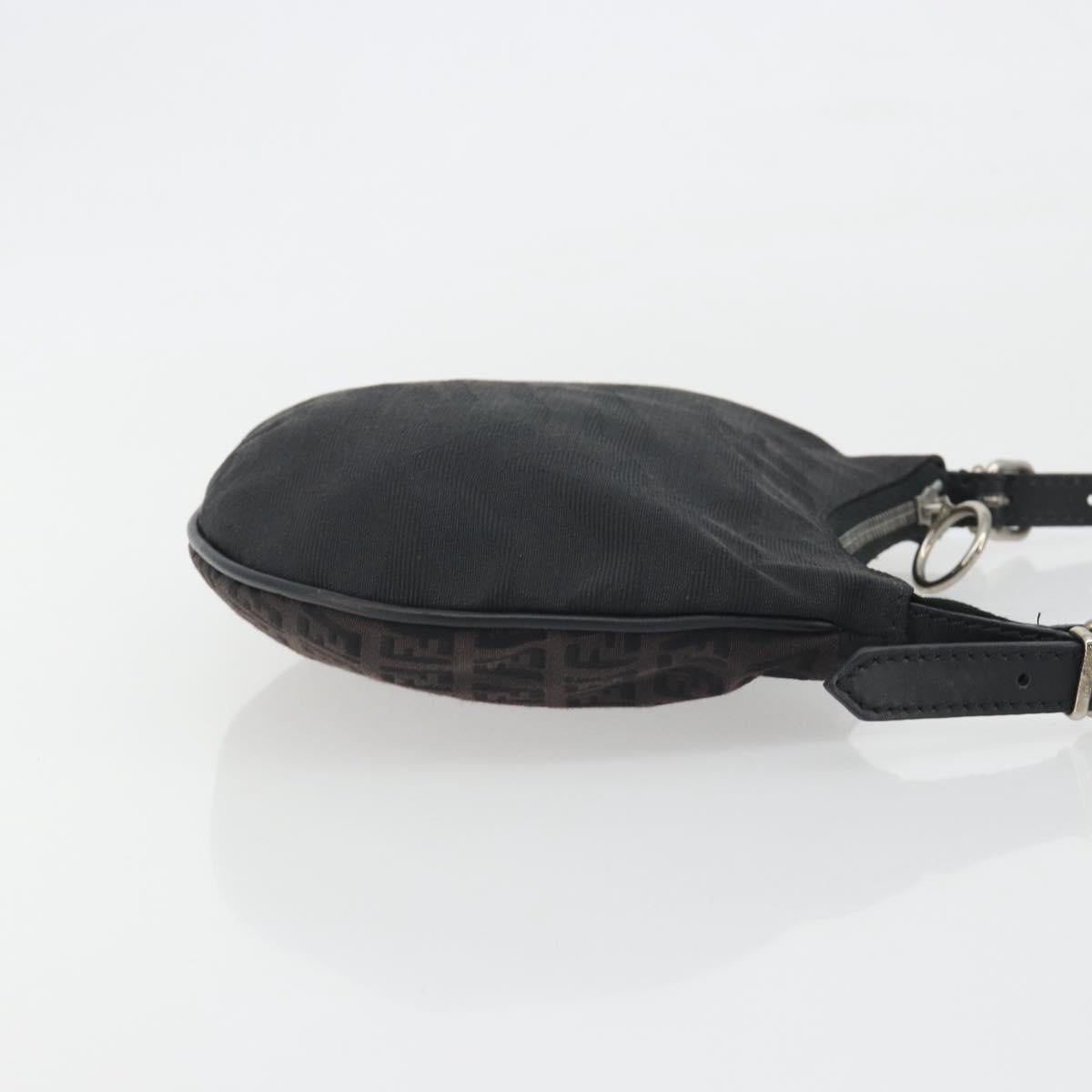 FENDI Zucchino Canvas Shoulder Bag Dark Brown Silver Auth 193139V