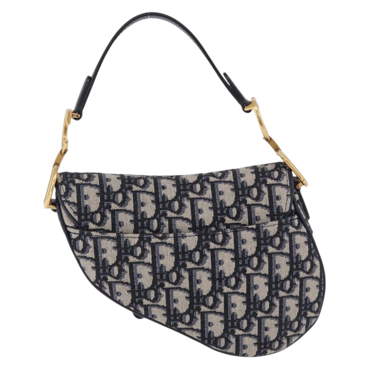 Christian Dior Trotter Canvas Saddle Hand Bag Navy Gold Auth 193142SM