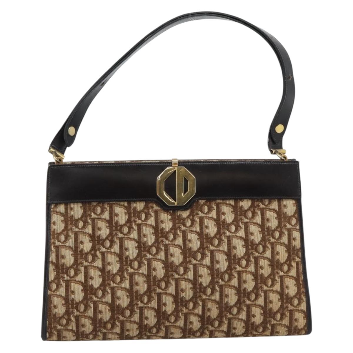 Christian Dior Trotter Canvas Shoulder Bag Beige Gold Auth 193146