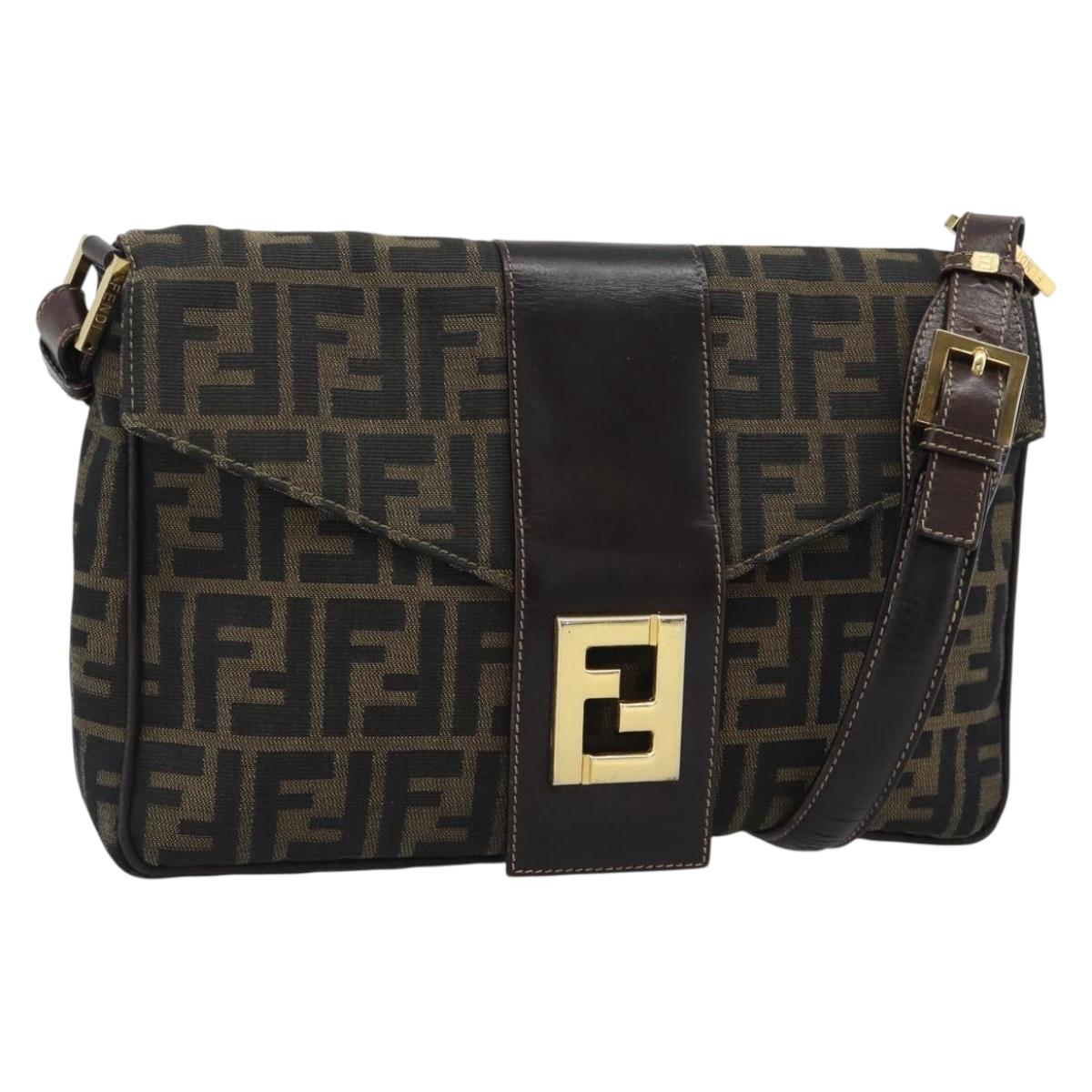 FENDI Zucca Canvas Shoulder Bag Brown Black Auth 193148V