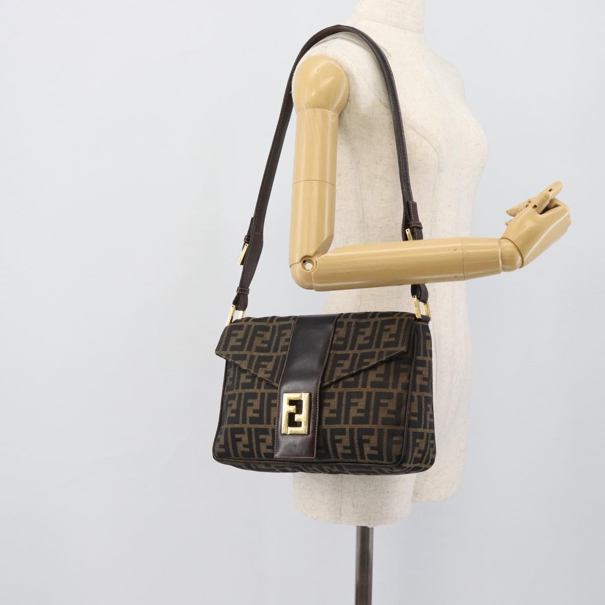 FENDI Zucca Canvas Shoulder Bag Brown Black Auth 193148V