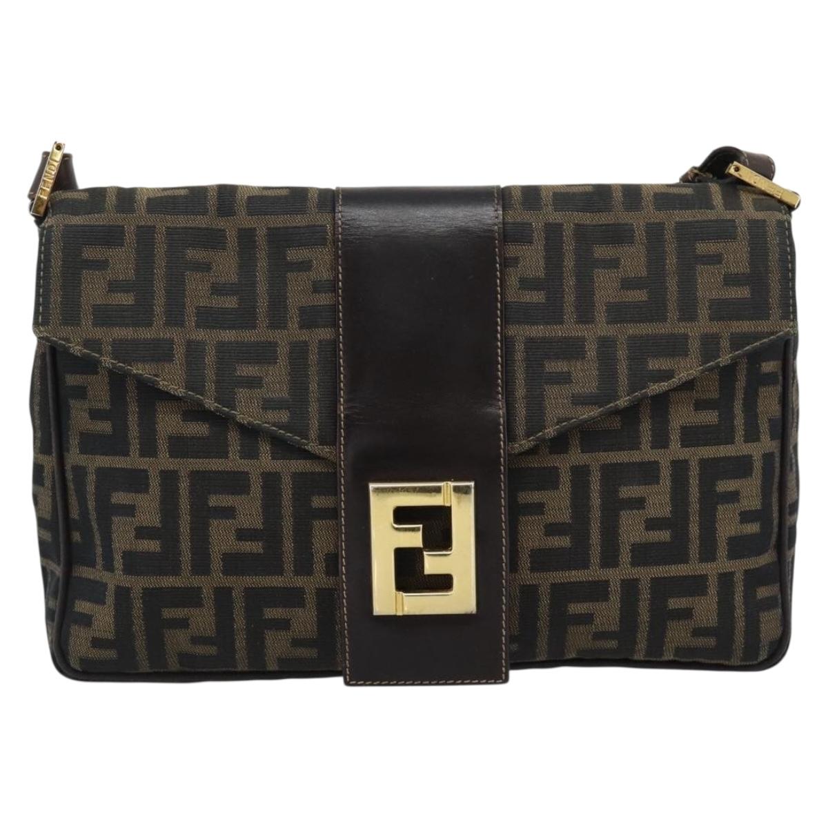 FENDI Zucca Canvas Shoulder Bag Brown Black Auth 193148V