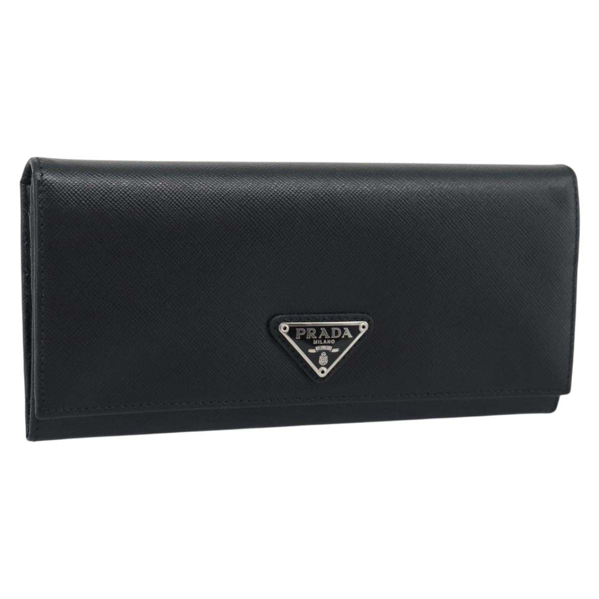 PRADA Long Wallet Saffiano leather Black Silver Auth 193158V