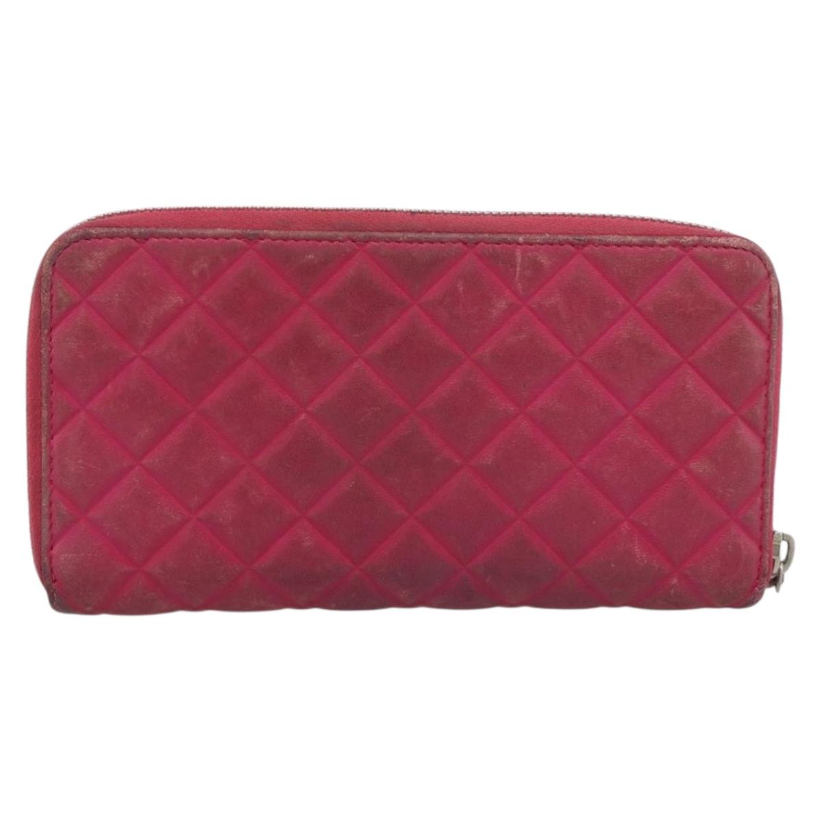 CHANEL Matelasse Long Wallet Lamb Skin Pink Silver CC Auth 193166