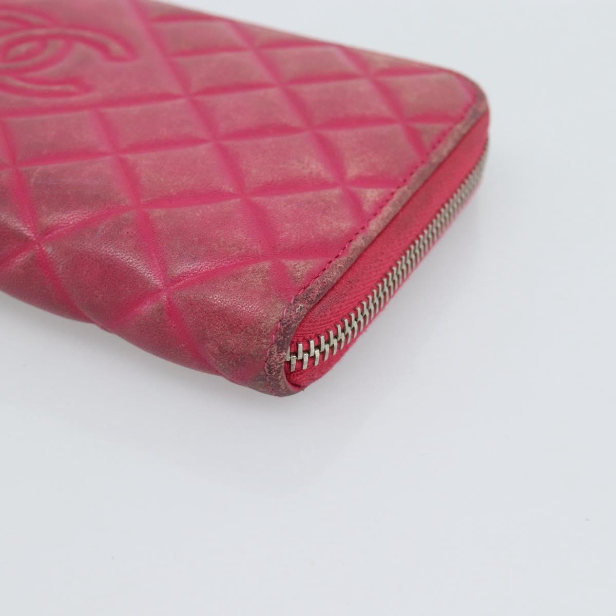 CHANEL Matelasse Long Wallet Lamb Skin Pink Silver CC Auth 193166