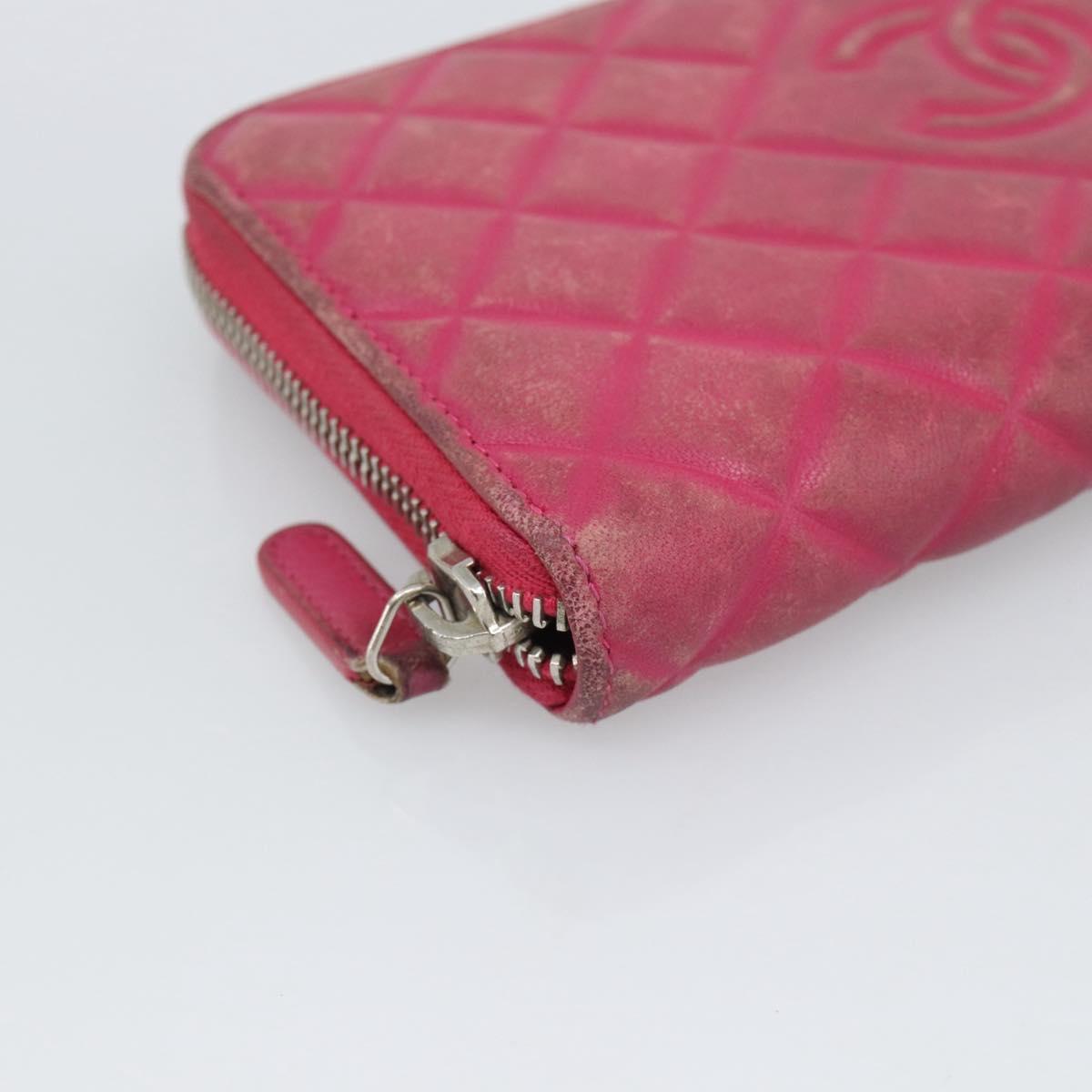 CHANEL Matelasse Long Wallet Lamb Skin Pink Silver CC Auth 193166