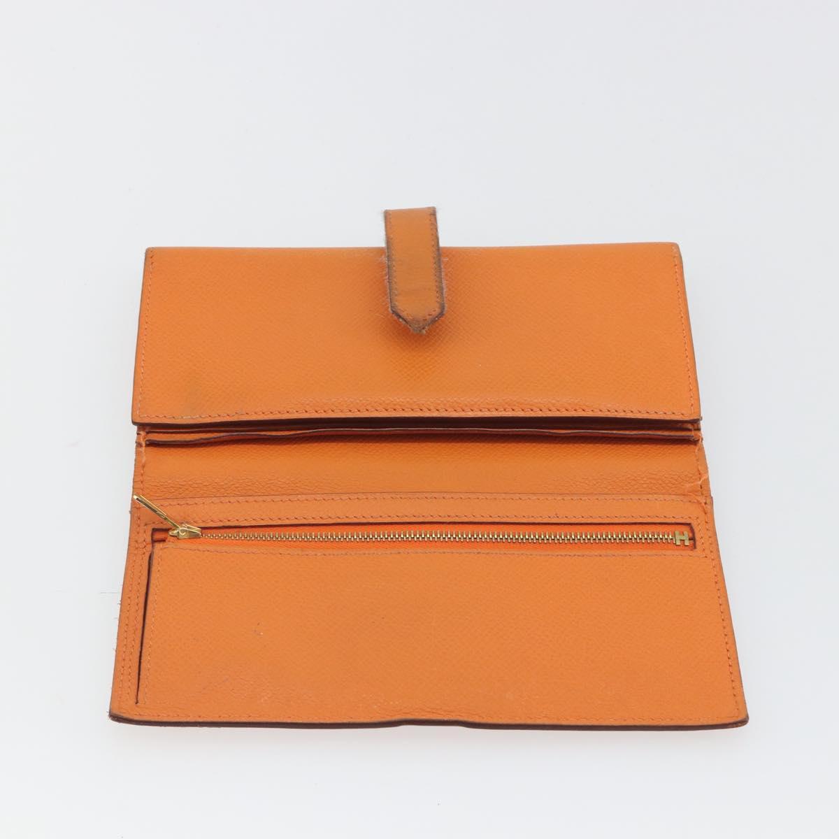 HERMES Bearn Dupri Long Wallet Leather Orange Gold Auth 193167