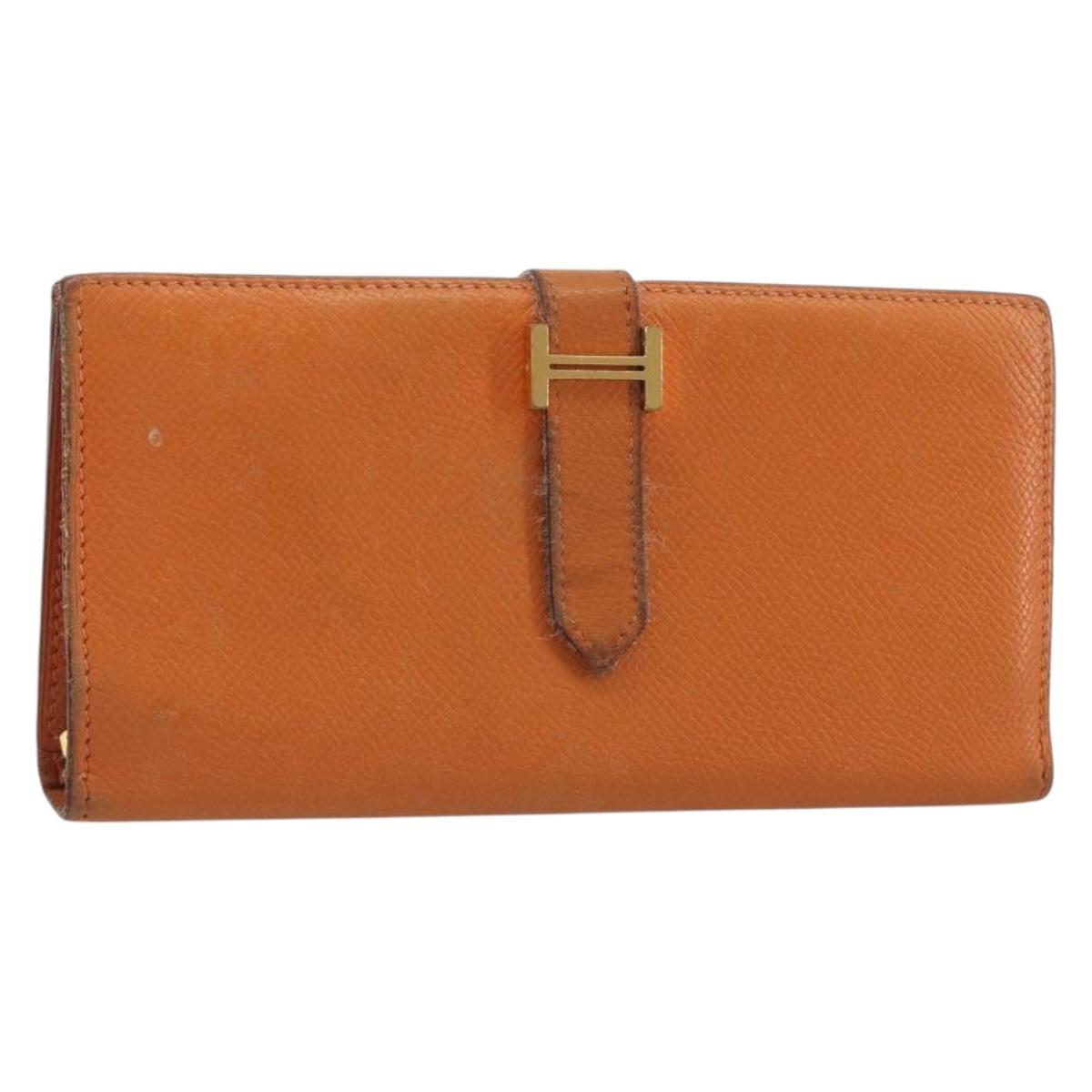 HERMES Bearn Dupri Long Wallet Leather Orange Gold Auth 193167