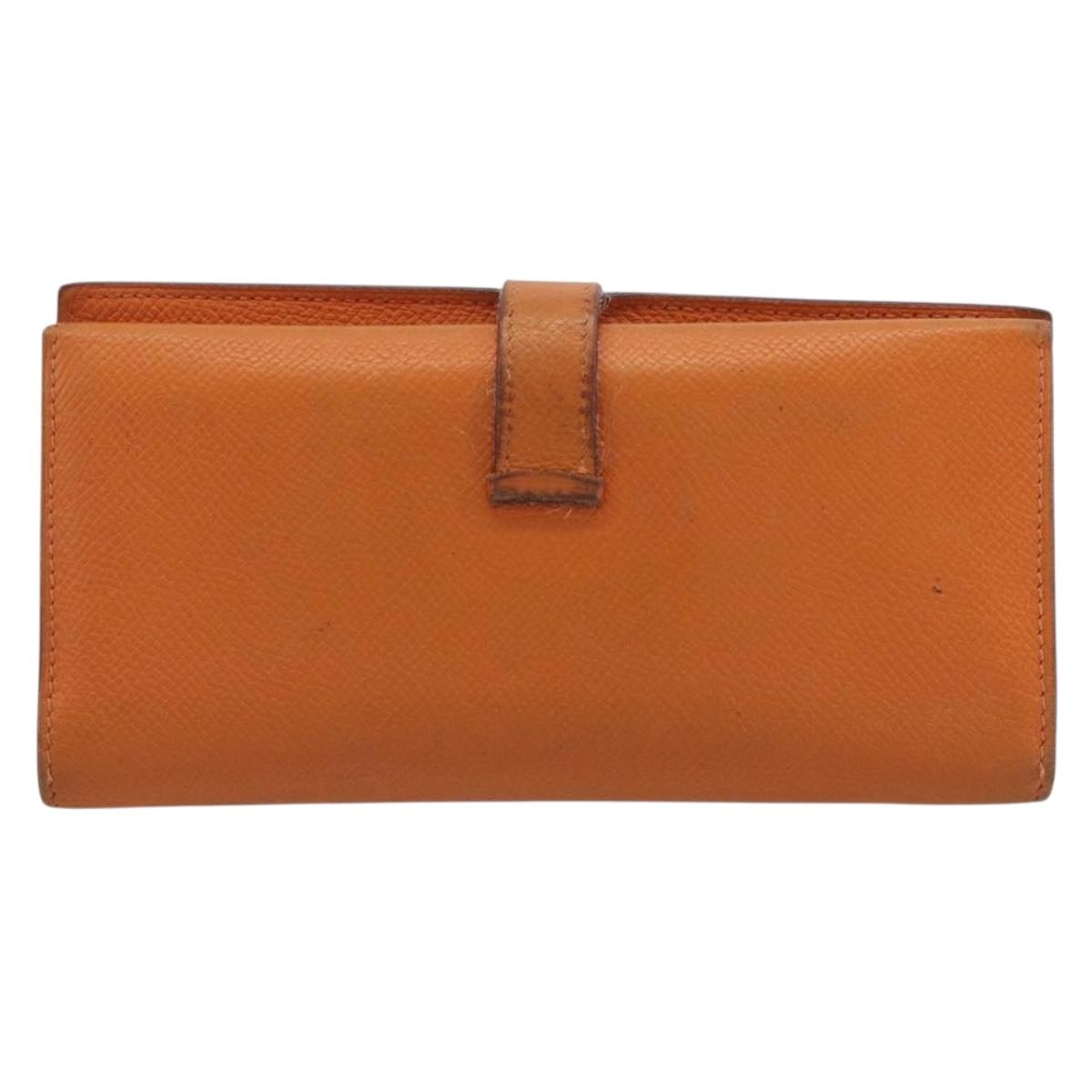 HERMES Bearn Dupri Long Wallet Leather Orange Gold Auth 193167