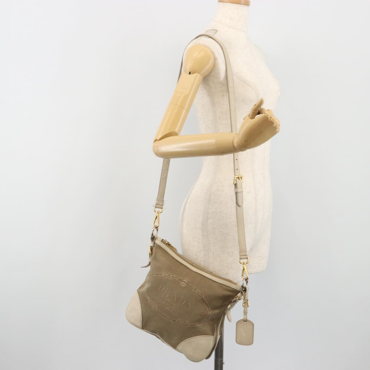 PRADA Shoulder Bag Canvas Beige Gold Auth 193355