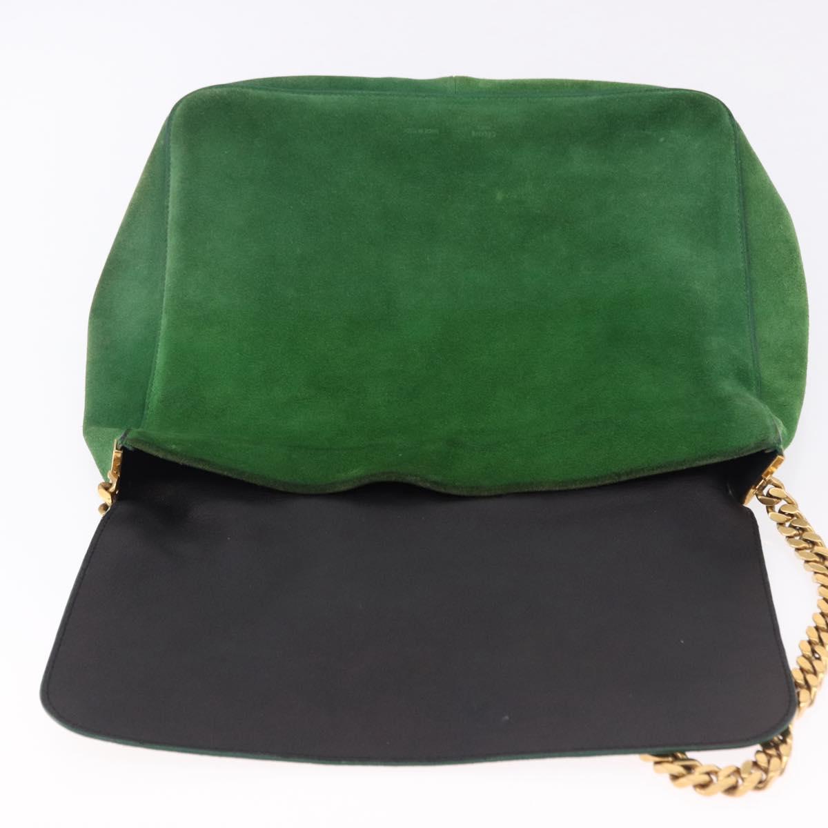 CELINE Chain Shoulder Bag Suede Green Gold Auth 193356A