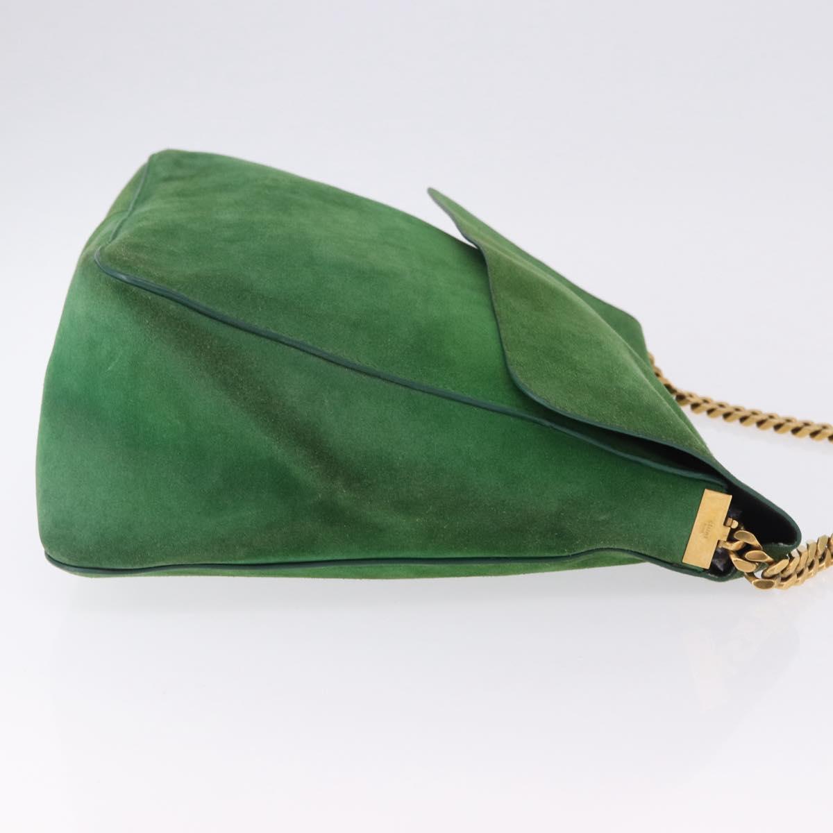 CELINE Chain Shoulder Bag Suede Green Gold Auth 193356A
