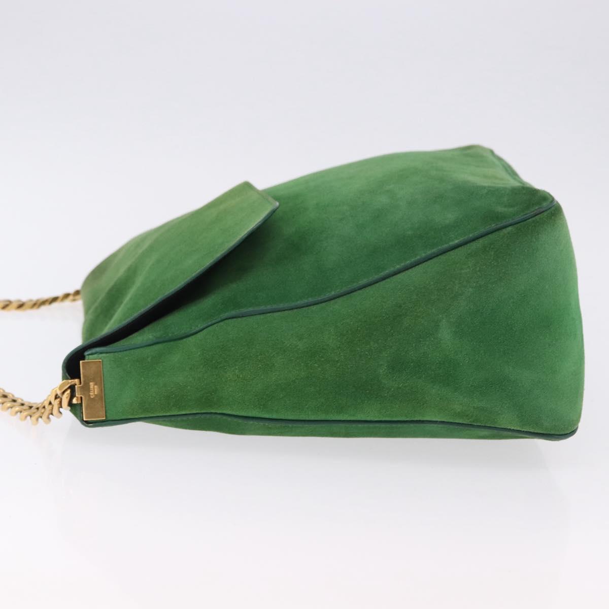 CELINE Chain Shoulder Bag Suede Green Gold Auth 193356A