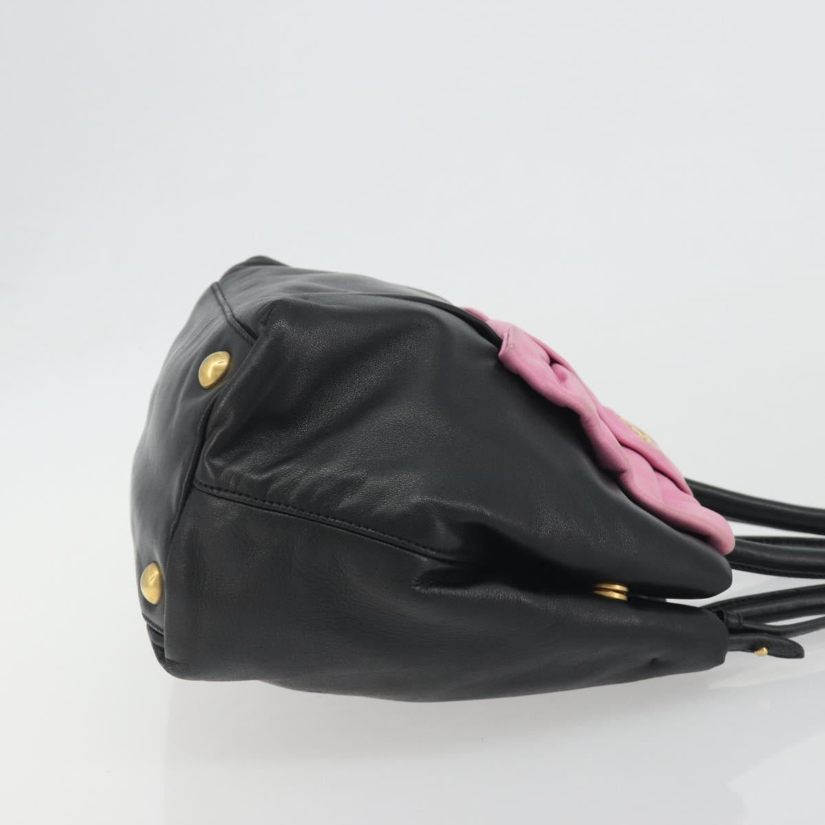 PRADA Ribbon Hand Bag Leather 2way Black Gold Auth 193358A