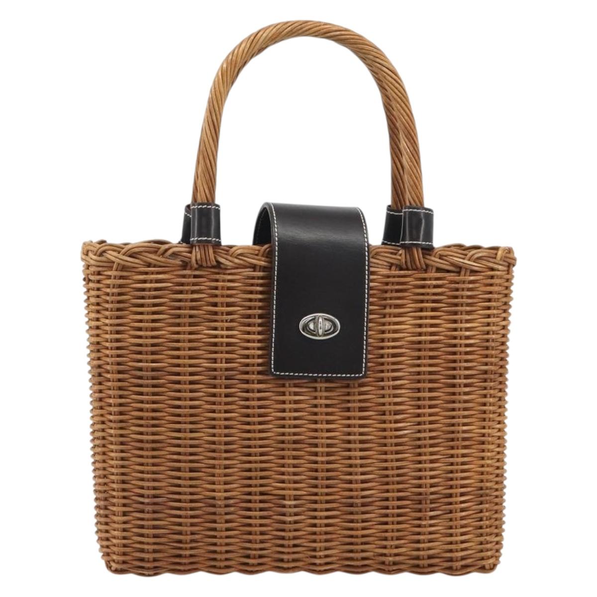 BURBERRY Hand Bag Rattan Brown Silver Auth 193369A