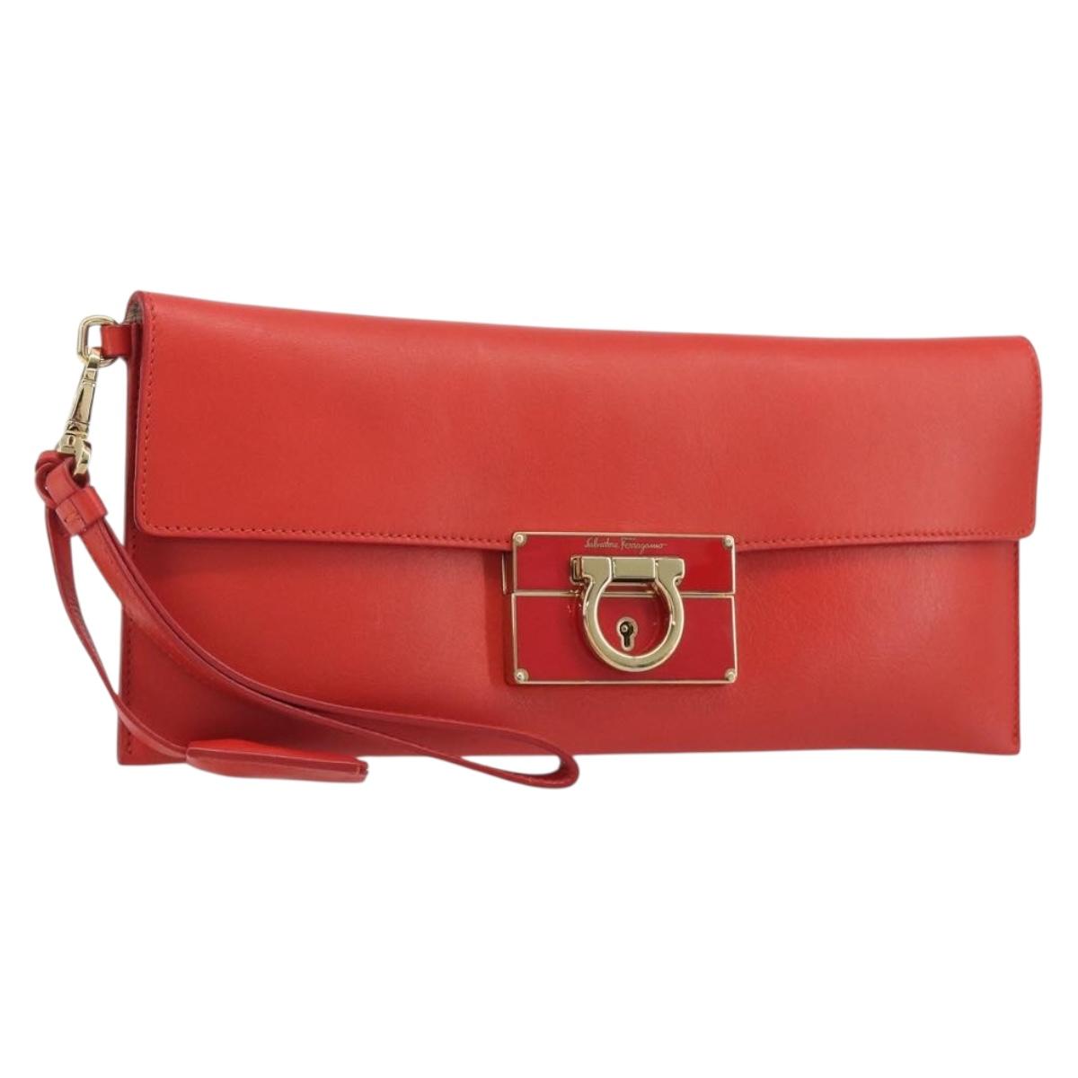 Salvatore Ferragamo Gancini Clutch Bag Leather Orange Gold Auth 193379V