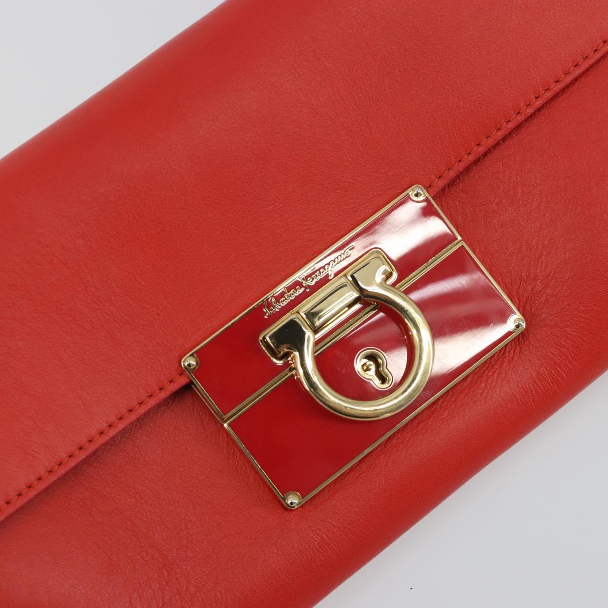 Salvatore Ferragamo Gancini Clutch Bag Leather Orange Gold Auth 193379V