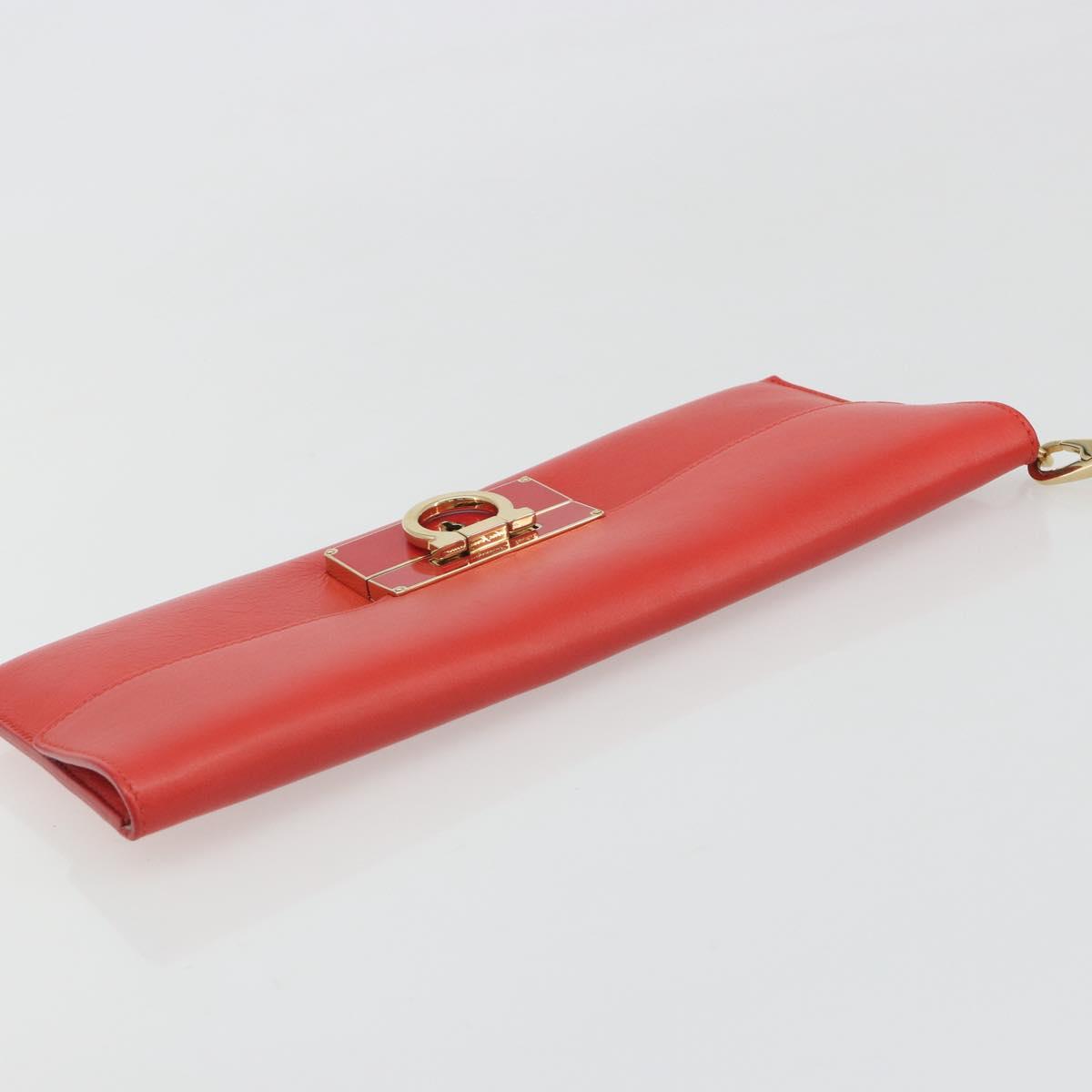 Salvatore Ferragamo Gancini Clutch Bag Leather Orange Gold Auth 193379V