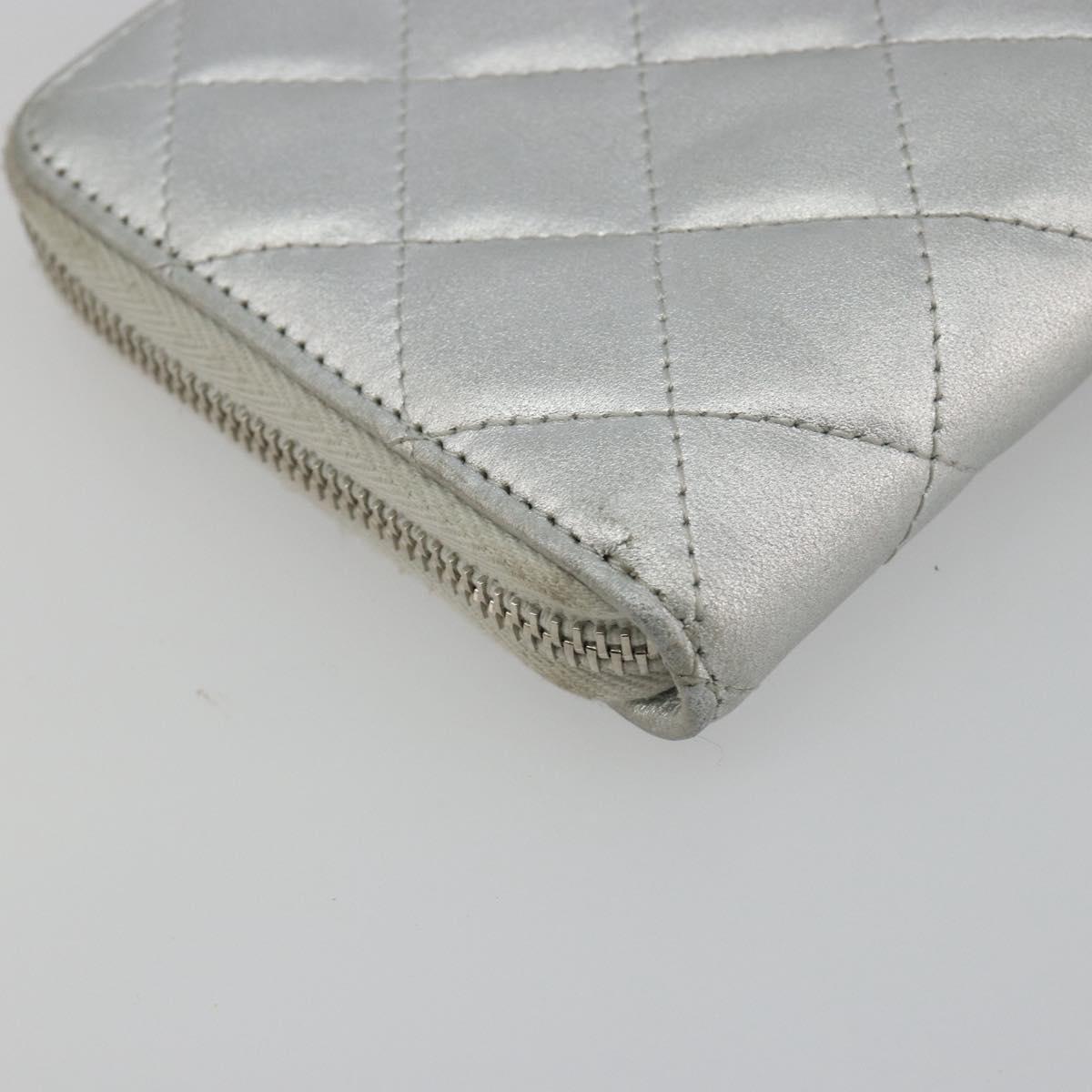 CHANEL Matelasse Long Wallet Lamb Skin Silver CC Auth 193392A