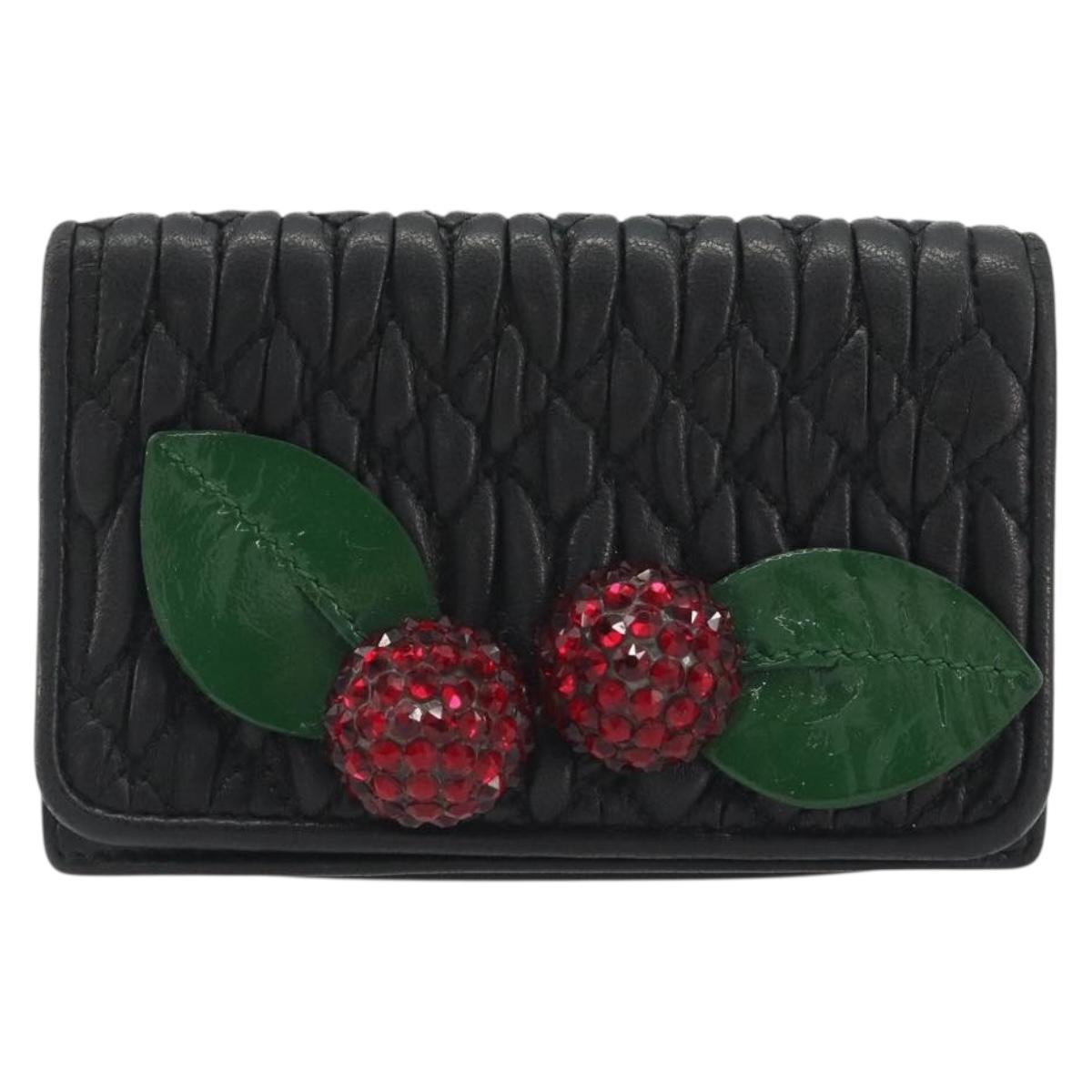 Miu Miu Matelasse Card Case Leather Black Silver Auth 193398A